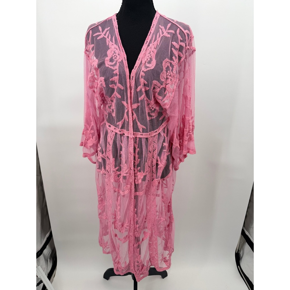LC Lauren Conrad Kimono Women One Size Pink Lace Sheer Boho Duster